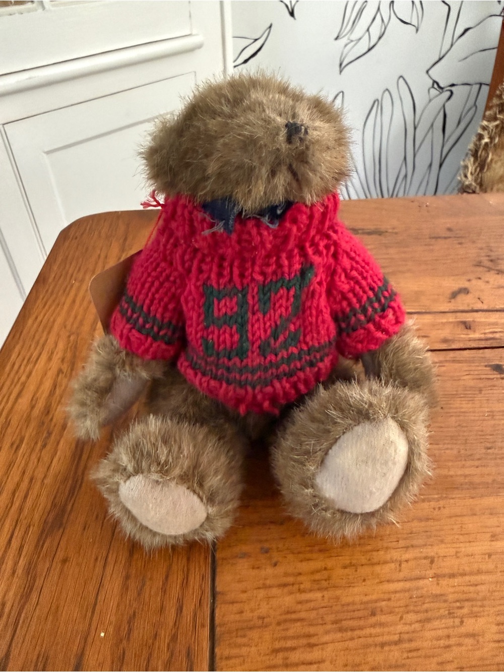 Boyds 1990’s Brown Plush Teddy Bear in Red Knit Sweater